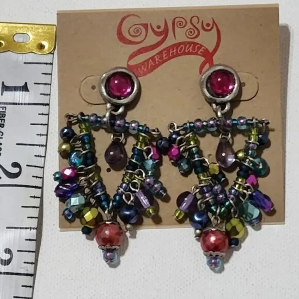 Treska Gypsy‎ Multicolored Beaded Chandelier Drop Post Earrings Boho Pink Teal